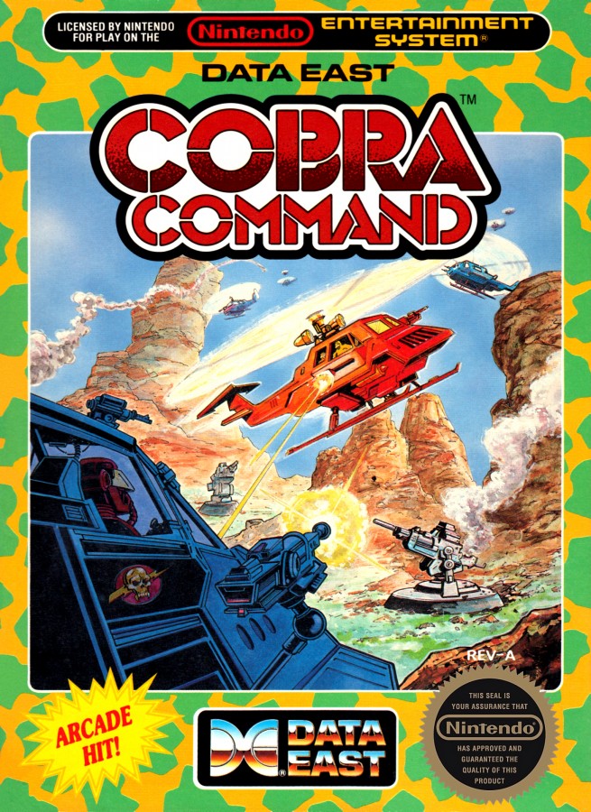 Cobra Command Nintendo Entertainment System NES video game featuring helicopter combat gameplay aerial missions enemy attacks military action explosive battles strategic targeting and classic 8 bit gameplay retro video game collection collectible gaming appeal front cover art