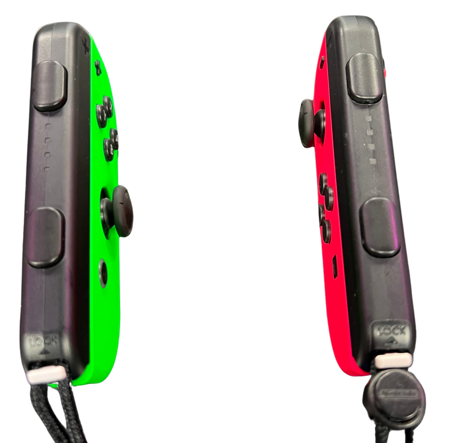 Nintendo Switch Joy-Con Neon Pink and Neon Green controllers featuring vibrant neon colors wireless motion controls HD Rumble responsive analog sticks detachable left and right controllers multiplayer gaming compatibility ergonomic design rechargeable accessories collectible Nintendo gaming appeal side view