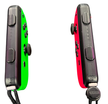 Nintendo Switch Joy-Con Neon Pink and Neon Green controllers featuring vibrant neon colors wireless motion controls HD Rumble responsive analog sticks detachable left and right controllers multiplayer gaming compatibility ergonomic design rechargeable accessories collectible Nintendo gaming appeal side view