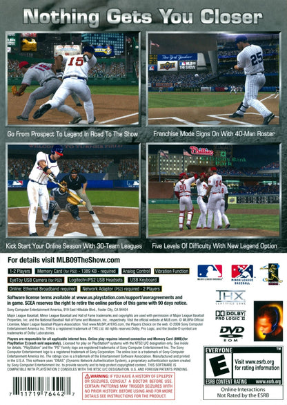 MLB 09: The Show back cover art for PlayStation 2 (PS2) featuring realistic baseball simulation with authentic teams, players, and immersive stadium gameplay.