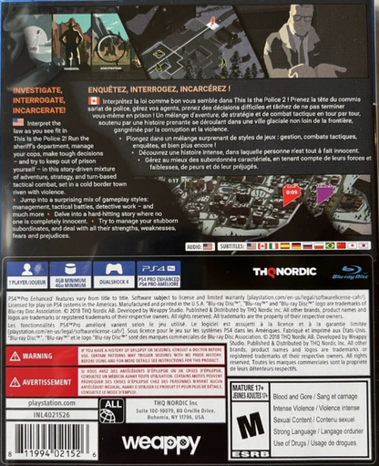 This Is the Police II – PlayStation 4 (PS4) video game back of case, strategy adventure.