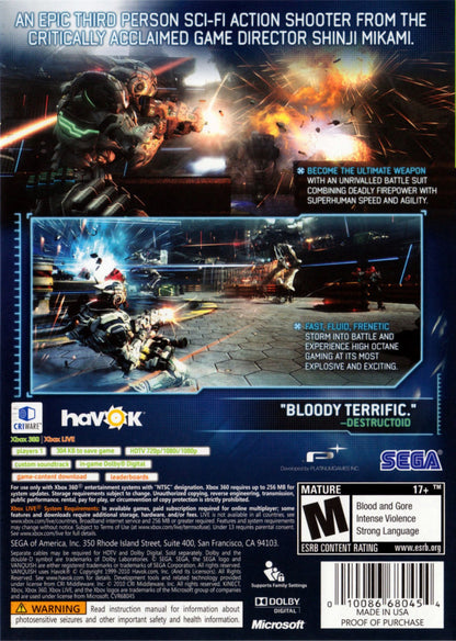 Retro Vanquish Xbox 360 inspired design featuring high speed sci fi third person shooter aesthetic vintage HD era futuristic powered armor sliding combat bullet time action explosive robot warfare sleek industrial sci fi battlefield nostalgic PlatinumGames presentation back cover art