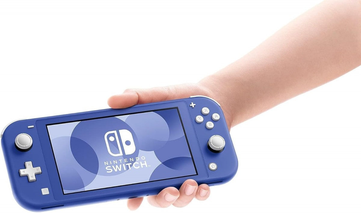 Nintendo Switch Lite Blue handheld console portable gaming system blue color Nintendo Switch Lite hardware compact design built in controls digital and cartridge games WiFi gaming device Nintendo handheld console in hand