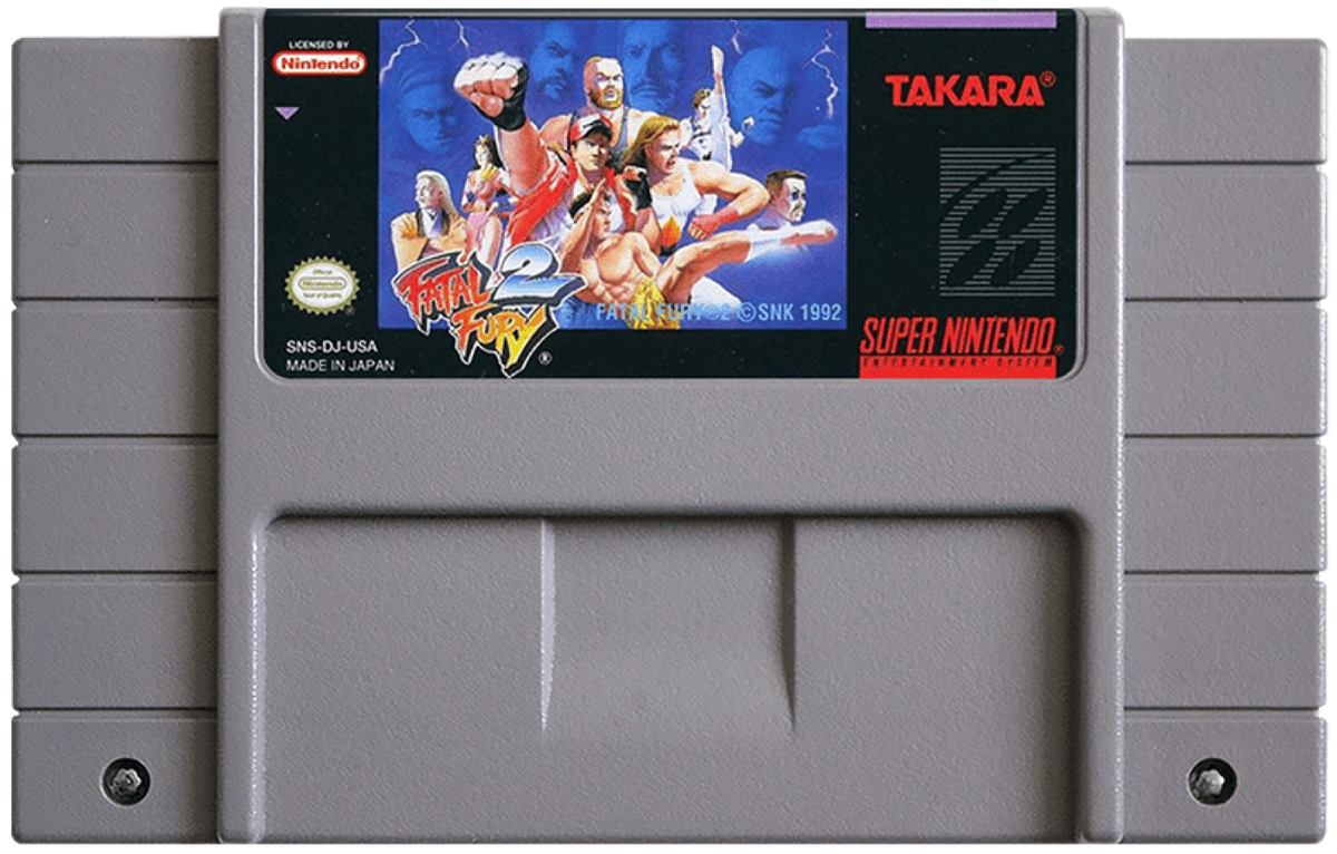 Fatal Fury 2 Super Nintendo Entertainment System SNES video game featuring 2D fighting gameplay Terry Bogard Andy Bogard Joe Higashi martial arts combat special moves combo attacks competitive matches character battles and classic 16 bit Nintendo arcade gameplay retro video game collection collectible gaming appeal game cartridge