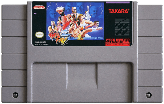 Fatal Fury 2 Super Nintendo Entertainment System SNES video game featuring 2D fighting gameplay Terry Bogard Andy Bogard Joe Higashi martial arts combat special moves combo attacks competitive matches character battles and classic 16 bit Nintendo arcade gameplay retro video game collection collectible gaming appeal game cartridge