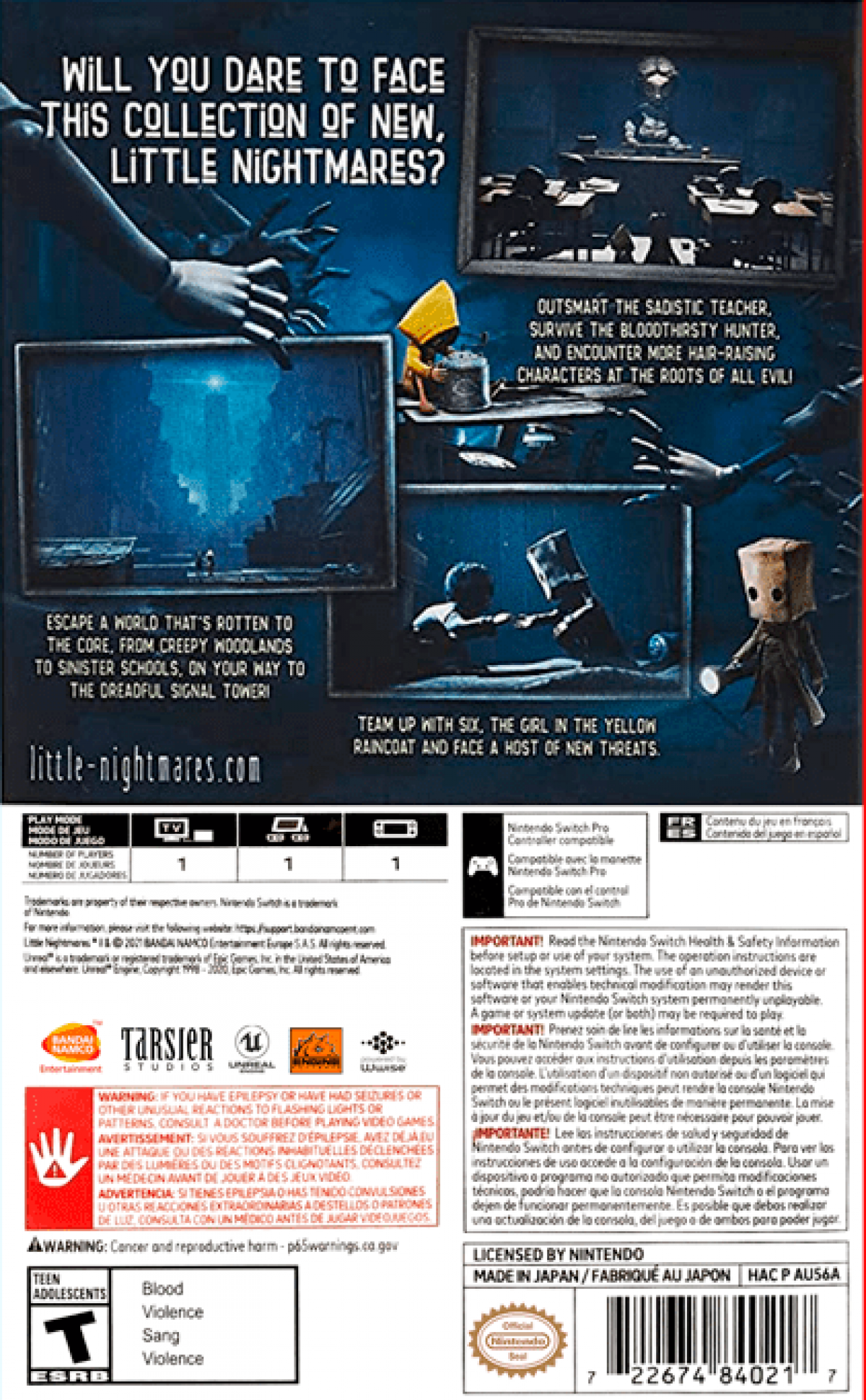 Little Nightmares II Nintendo Switch horror puzzle platformer following Mono and Six through the Pale City running from the Hunter Teacher and Thin Man back cover art