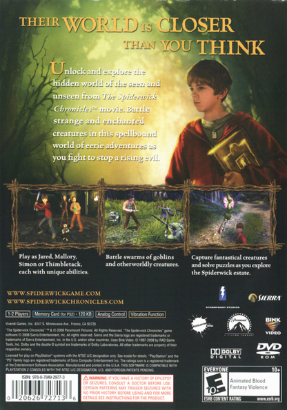The Spiderwick Chronicles – PlayStation 2 (PS2) video game back of case, action-adventure fantasy.