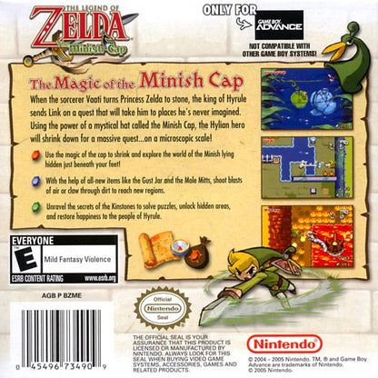 The Legend of Zelda The Minish Cap Game Boy Advance back of case for retro video game featuring action adventure gameplay, top down exploration, magical shrinking mechanic, puzzle solving dungeons, fantasy world Hyrule quests, and classic portable Zelda adventure on GBA system