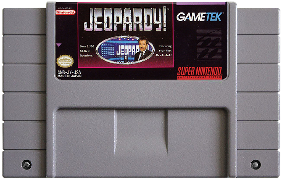 Jeopardy Super Nintendo Entertainment System SNES video game featuring trivia game show gameplay question and answer challenges category selection clue solving competitive multiplayer scoring and classic 16 bit Nintendo gameplay retro video game collection collectible gaming appeal game cartridge