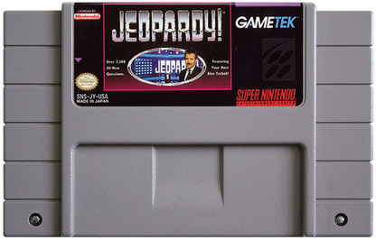 Jeopardy Super Nintendo Entertainment System SNES video game featuring trivia game show gameplay question and answer challenges category selection clue solving competitive multiplayer scoring and classic 16 bit Nintendo gameplay retro video game collection collectible gaming appeal game cartridge