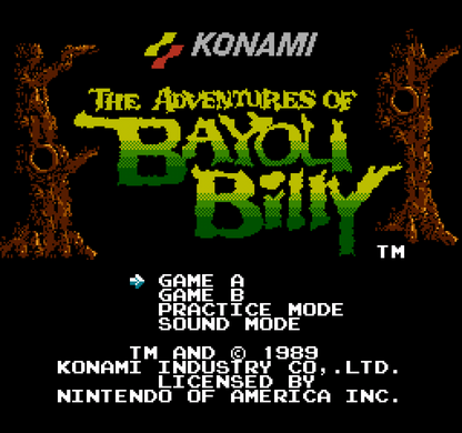 The Adventures of Bayou Billy cartridge for the Nintendo Entertainment System featuring 8 bit action gameplay with beat em up driving and shooting segments set in the Louisiana bayou with challenging arcade style difficulty gameplay 