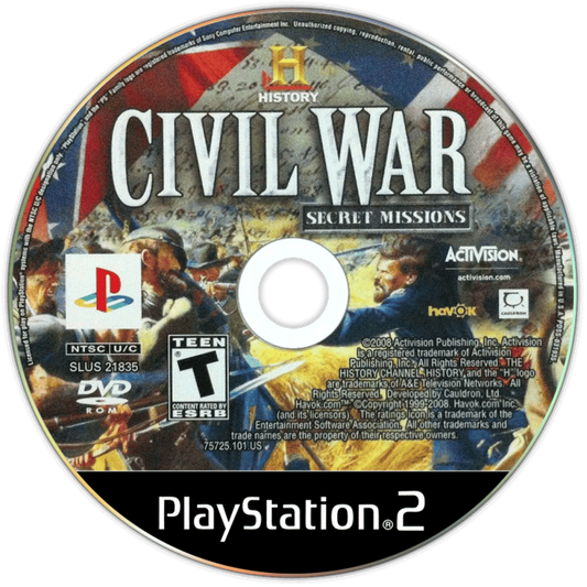 History Channel Civil War Secret Missions PlayStation 2 PS2 video game, first-person shooter, historical military missions, strategy action gameplay disc
