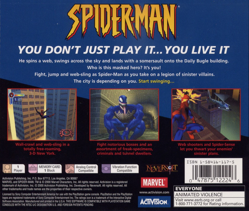 Spider-Man [Greatest Hits] back cover art for PlayStation 1 (PS1) action-adventure video game