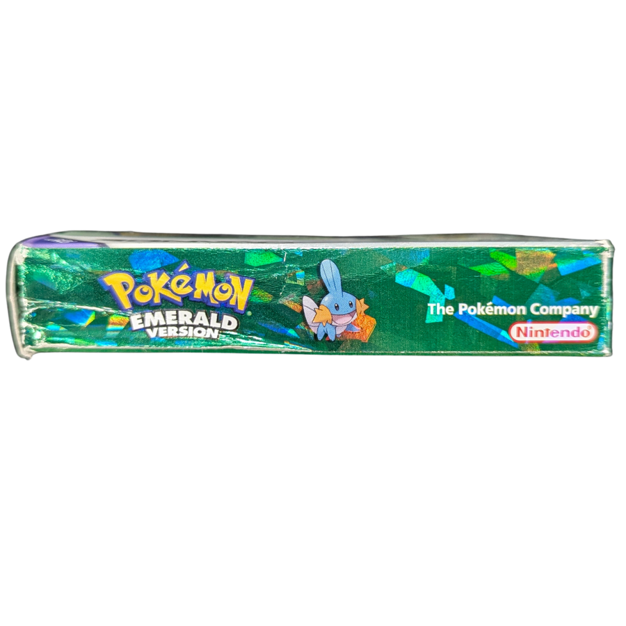 Pokemon Emerald CIB Game Boy Advance GBA RPG adventure game featuring Hoenn region exploration turn based battles Pokemon catching training legendary Rayquaza Battle Frontier complete in box collectible retro video game collection gaming appeal left side of box