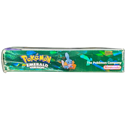 Pokemon Emerald CIB Game Boy Advance GBA RPG adventure game featuring Hoenn region exploration turn based battles Pokemon catching training legendary Rayquaza Battle Frontier complete in box collectible retro video game collection gaming appeal left side of box