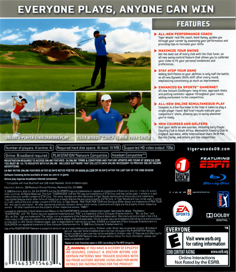 Tiger Woods PGA Tour 09 back cover art for PlayStation 3 (PS3) video game