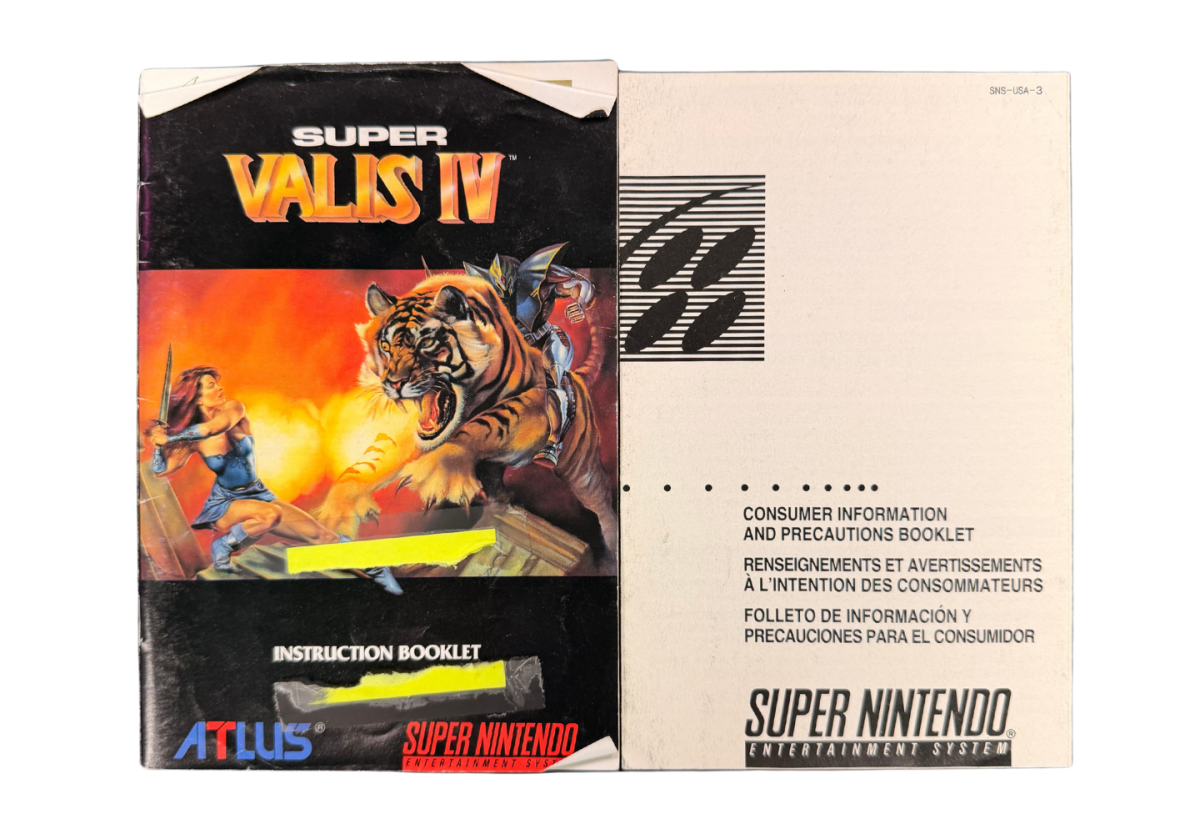 Super Valis IV Super Nintendo Entertainment System SNES retro video game action platformer featuring fantasy combat sword fighting challenging stages magical abilities enemy battles classic 16 bit graphics Super Nintendo gaming experience retro game collection appeal front of manuals