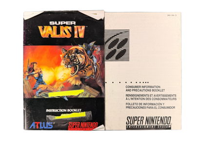 Super Valis IV Super Nintendo Entertainment System SNES retro video game action platformer featuring fantasy combat sword fighting challenging stages magical abilities enemy battles classic 16 bit graphics Super Nintendo gaming experience retro game collection appeal front of manuals