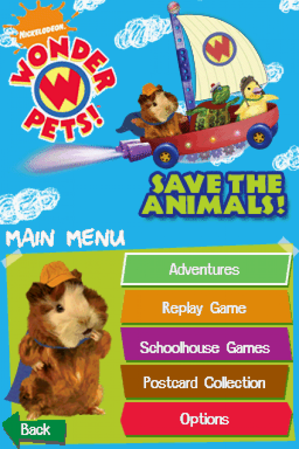 The Wonder Pets Save the Animals retro Nintendo DS video game Wonder Pets educational adventure animal rescue mini games kids gameplay family friendly handheld console title Nintendo DS release start screen