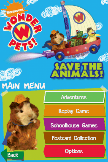 The Wonder Pets Save the Animals retro Nintendo DS video game Wonder Pets educational adventure animal rescue mini games kids gameplay family friendly handheld console title Nintendo DS release start screen