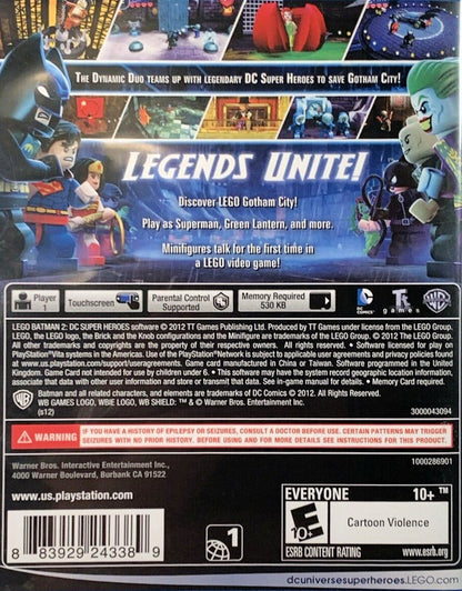 LEGO Batman 2 DC Super Heroes retro PS Vita video game LEGO Batman superhero action adventure puzzle solving cooperative gameplay DC Comics handheld console title PlayStation Vita release back of case