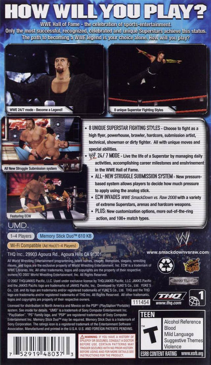 WWE SmackDown vs Raw 2008 Greatest Hits PlayStation Portable game featuring realistic wrestling gameplay, extensive WWE roster, and fast-paced sports entertainment action back cover