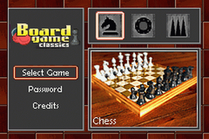 Board Game Classics for Game Boy Advance (GBA), game select for a retro video game featuring digital board game adaptations, strategy gameplay, multiplayer modes, and classic tabletop challenges