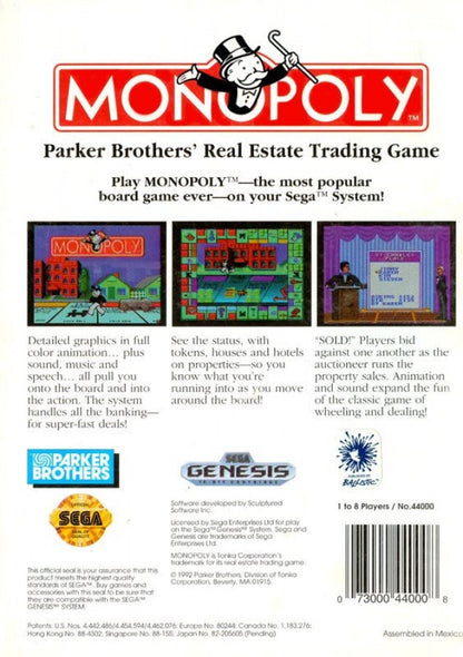 Monopoly back cover art for Sega Genesis (GEN) video game