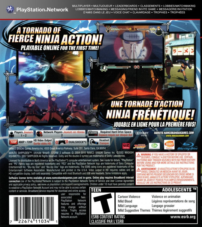 Naruto Shippuden: Ultimate Ninja Storm 2 back cover art for PlayStation 3 (PS3) video game