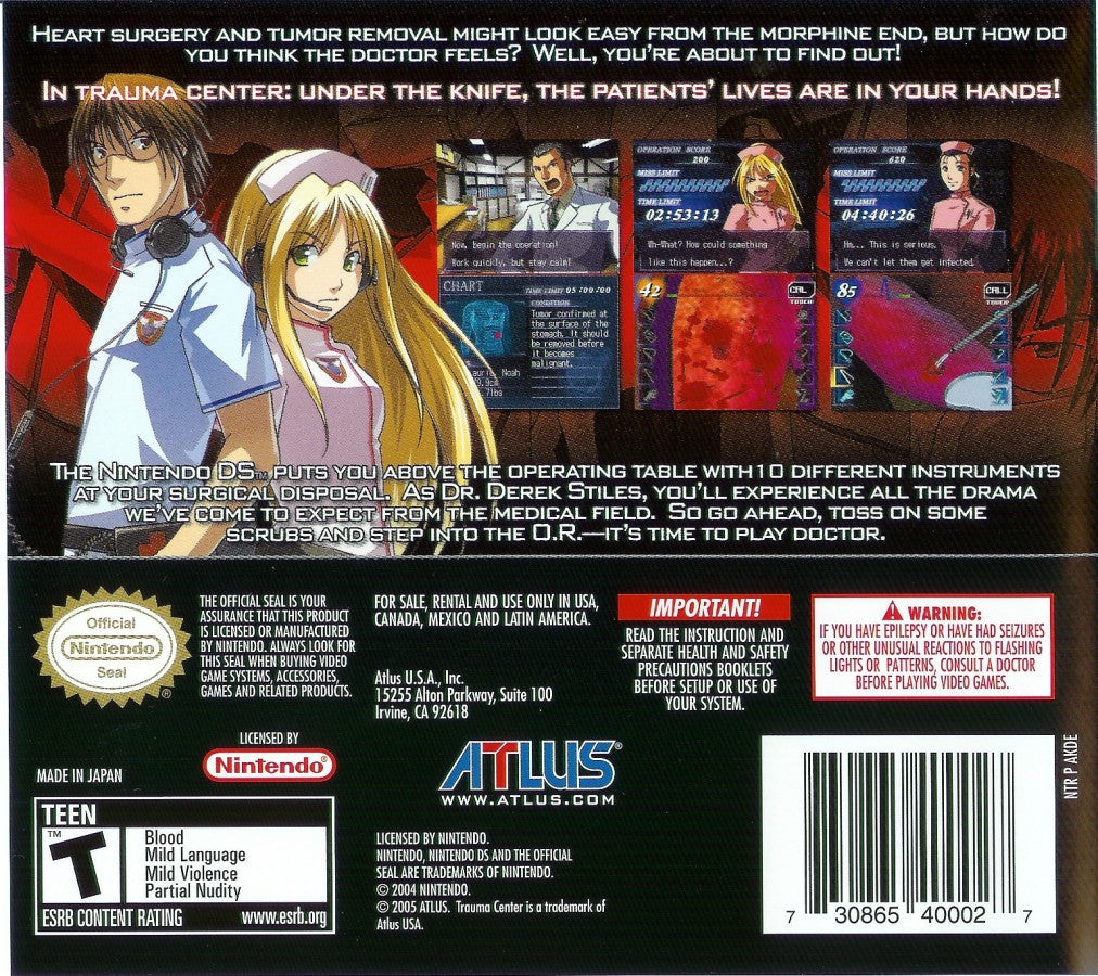 Trauma Center Under the Knife Nintendo DS for medical simulation video game fans featuring surgical procedures touch screen controls fast paced operations dramatic storytelling precision gameplay challenging diagnoses anime inspired visuals Atlus adventure collectible gaming appeal back cover art