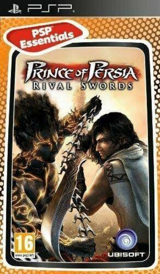 Prince of Persia Rival Swords PSP Essentials PAL Import PlayStation Portable inspired design featuring action adventure platforming aesthetic acrobatic parkour movement time manipulation powers sword combat ancient Persian environments cinematic storytelling and classic handheld adventure gameplay presentation front cover 