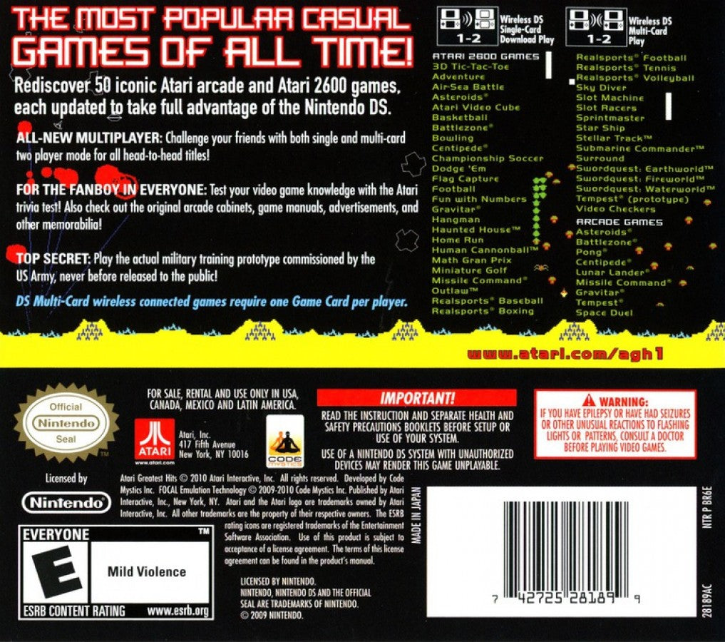 Atari's Greatest Hits Volume 1 back of case for Nintendo DS (DS) classic arcade game compilation video game