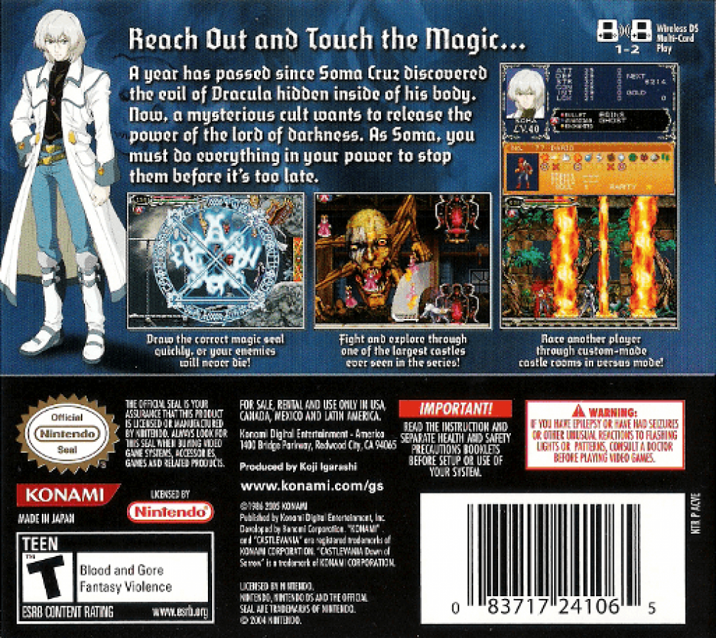 Castlevania: Dawn of Sorrow back of case for Nintendo DS (DS) gothic action RPG video game