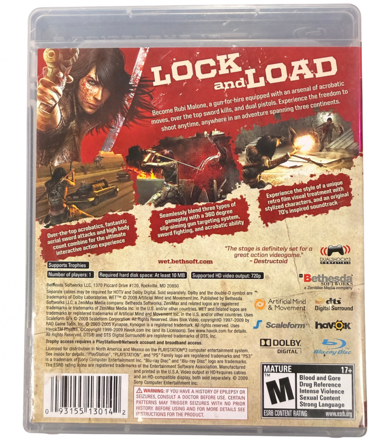 WET PlayStation 3 PS3 action video game featuring Ruby Malone acrobatic gunplay sword combat dual-wielded weapons slow-motion shooting stylish action sequences explosive set pieces intense enemies and fast-paced third-person combat collectible gaming appeal back of case art