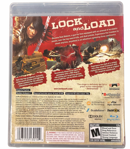 WET PlayStation 3 PS3 action video game featuring Ruby Malone acrobatic gunplay sword combat dual-wielded weapons slow-motion shooting stylish action sequences explosive set pieces intense enemies and fast-paced third-person combat collectible gaming appeal back of case art
