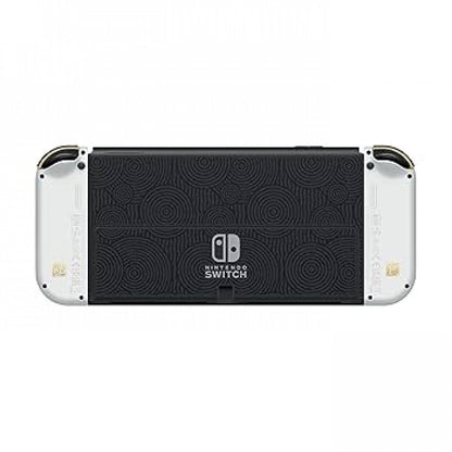 The Legend of Zelda Tears of the Kingdom Nintendo Switch OLED featuring themed gold and green design with vibrant display back of console