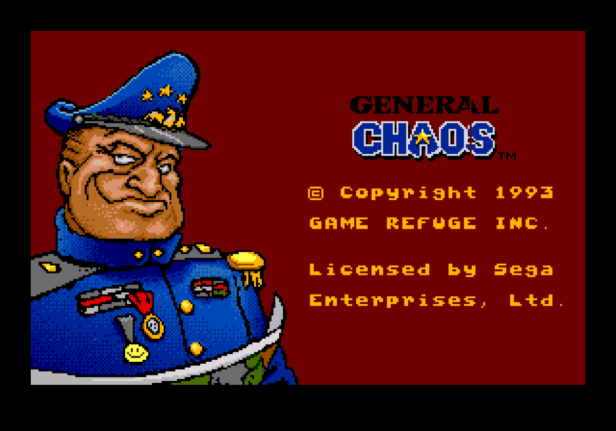 General Chaos Sega Genesis GEN for retro video game enthusiasts featuring real time strategy action gameplay squad based military combat tactical battlefield missions multiplayer competition humorous war themed action and collectible gaming appeal gameplay 
