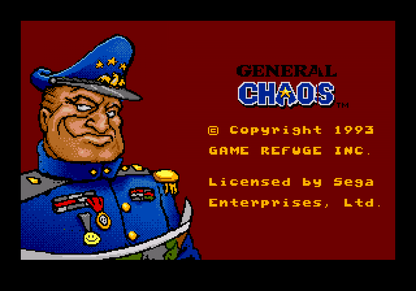General Chaos Sega Genesis GEN for retro video game enthusiasts featuring real time strategy action gameplay squad based military combat tactical battlefield missions multiplayer competition humorous war themed action and collectible gaming appeal gameplay 