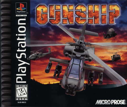 Gunship PlayStation PS1 for flight simulation video game fans featuring military helicopter combat realistic aerial missions advanced weapons systems tactical operations enemy engagements immersive pilot experience strategic gameplay classic PlayStation action collectible gaming appeal front cover art