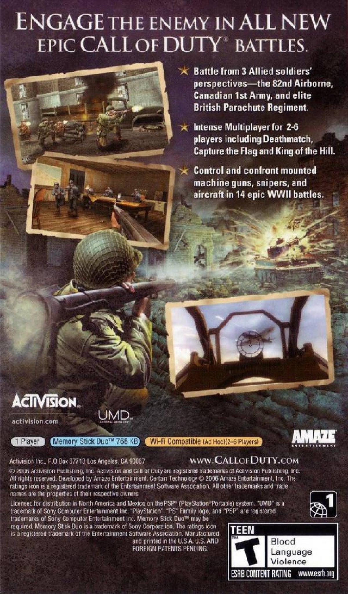 Call of Duty: Roads to Victory – PlayStation Portable (PSP) back of case for first-person shooter video game