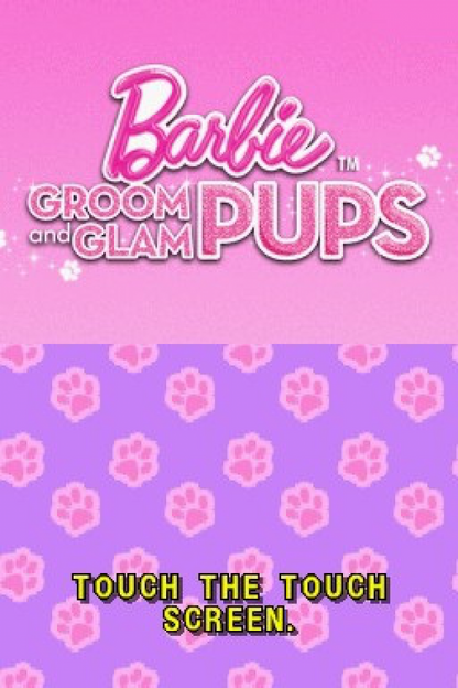 Barbie: Groom and Glam Pups home screen for Nintendo 3DS (3DS) pet care simulation video game