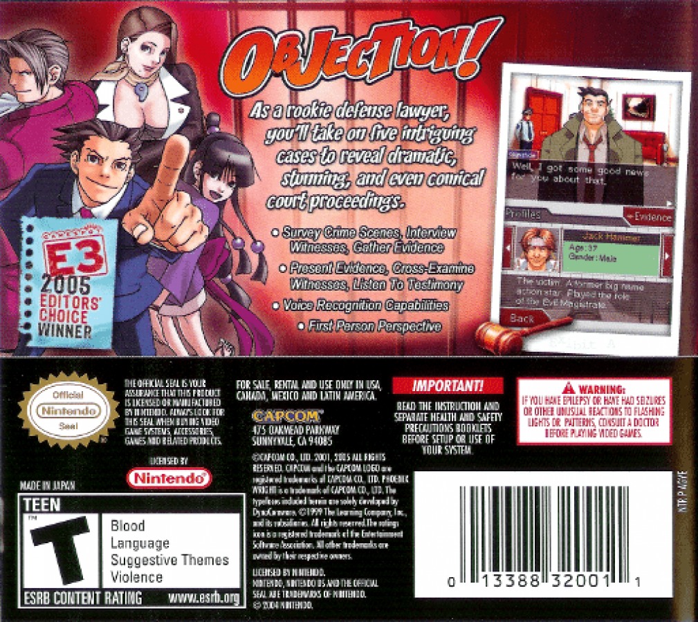 Phoenix Wright: Ace Attorney back of case for Nintendo DS (DS) courtroom visual novel adventure video game