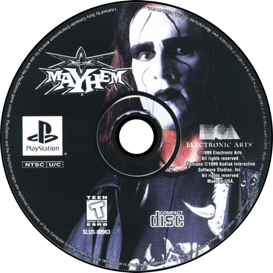 WCW Mayhem game for the PlayStation featuring professional wrestling gameplay with a roster of WCW superstars career and exhibition modes signature moves and arcade style matches based on late 90s wrestling entertainment disc