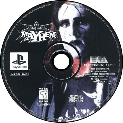 WCW Mayhem game for the PlayStation featuring professional wrestling gameplay with a roster of WCW superstars career and exhibition modes signature moves and arcade style matches based on late 90s wrestling entertainment disc