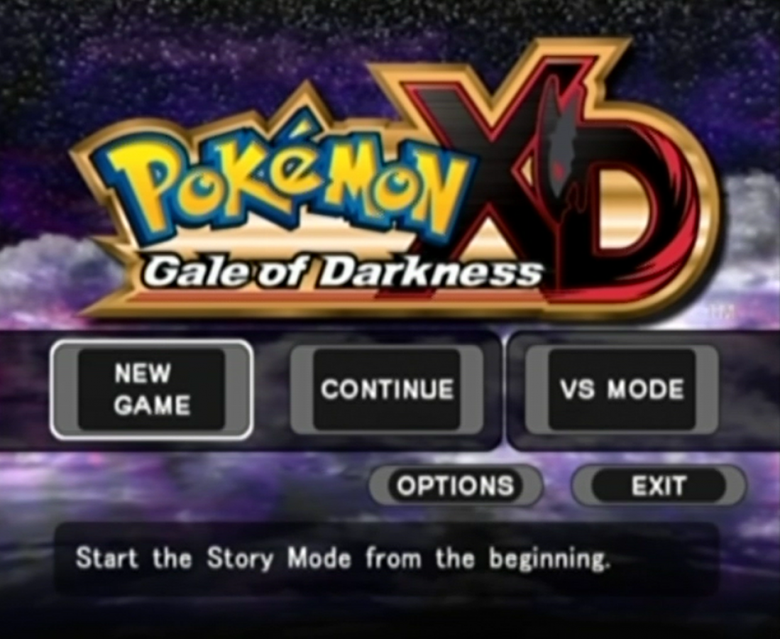 Pokémon XD: Gale of Darkness start screen for Nintendo GameCube (GC) Pokémon RPG adventure video game