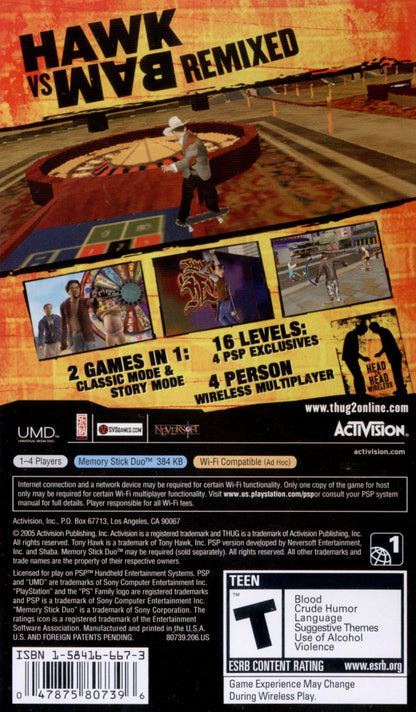 Tony Hawk’s Underground 2 Remix PSP game featuring fast-paced skateboarding action, classic trick-based gameplay, and portable versions of fan-favorite levels back cover art