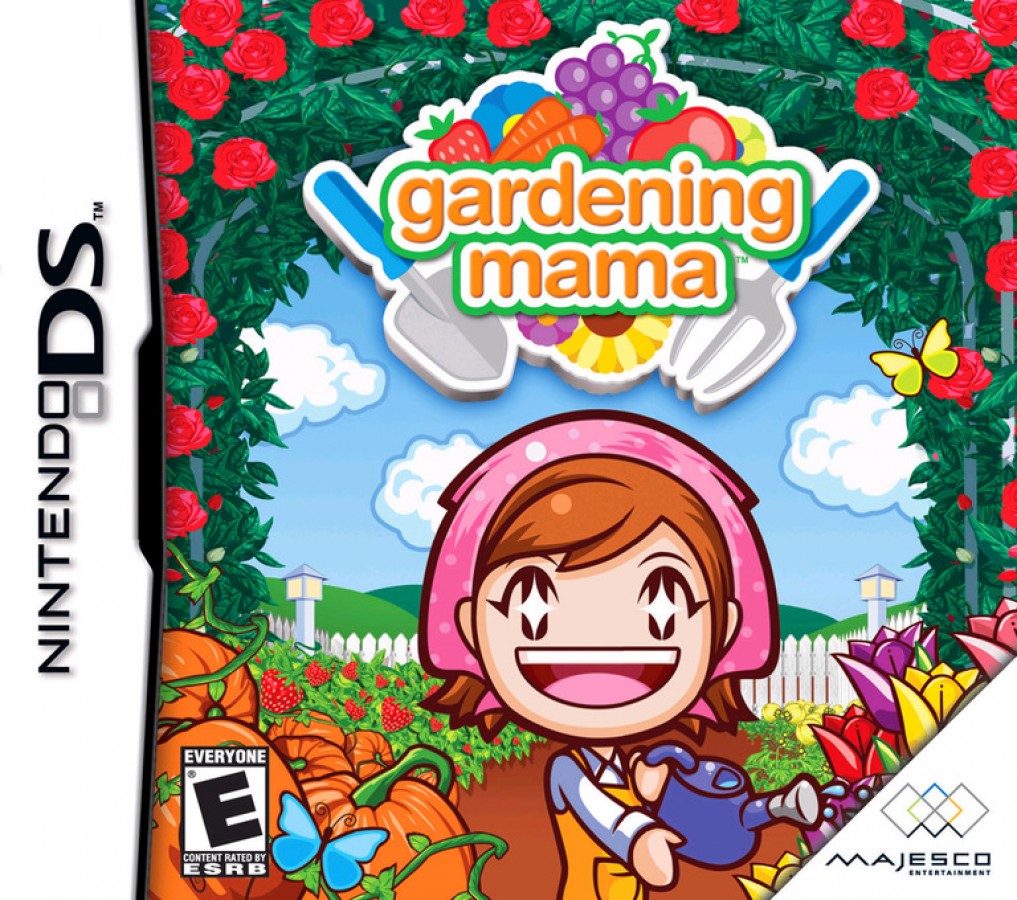 Gardening Mama for Nintendo DS, cover image for a simulation video game with gardening activities, planting mini-games, stylus-based gameplay, and casual family-friendly challenges