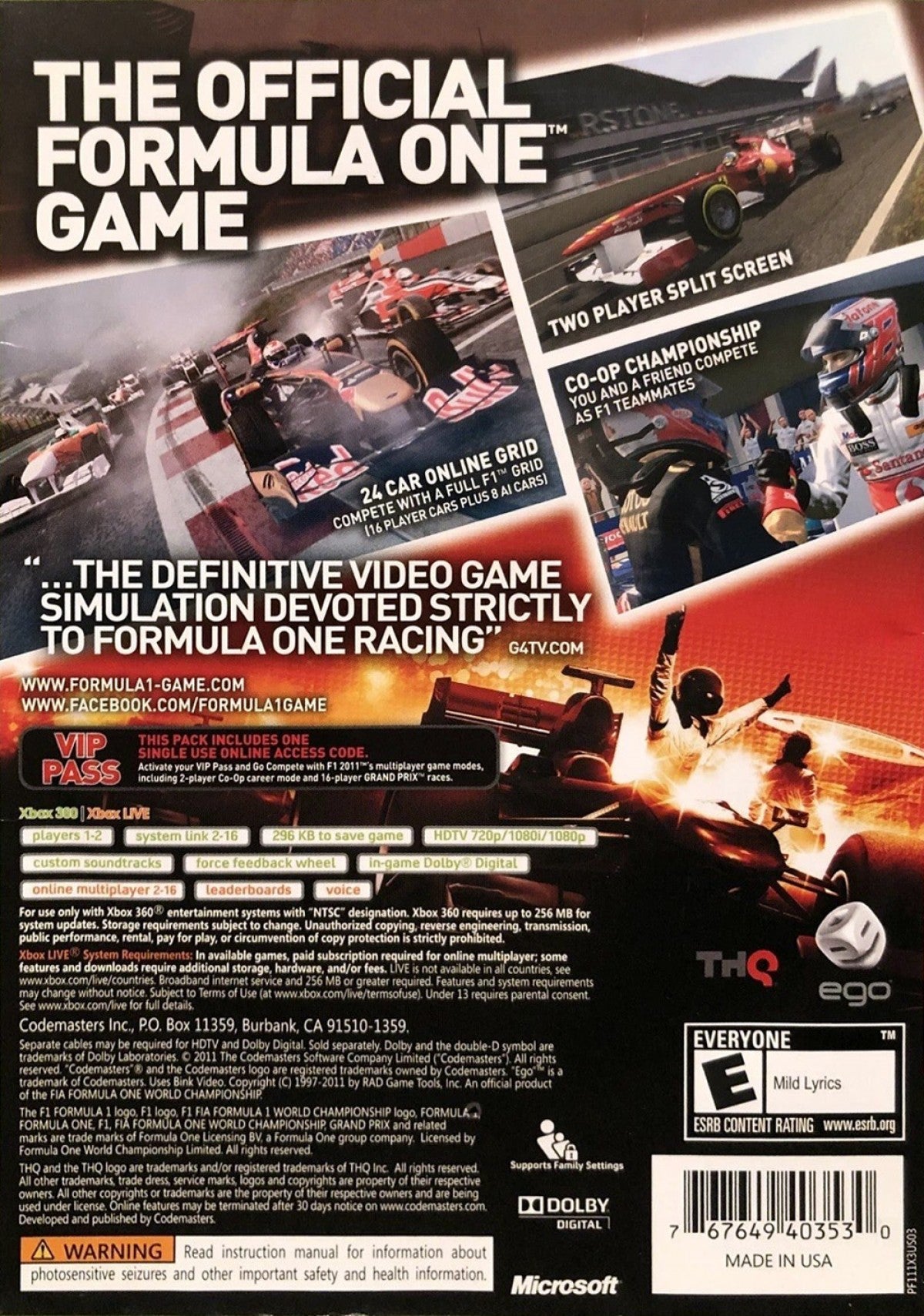 F1 2011 back cover art for XBox 360 (X360) video game