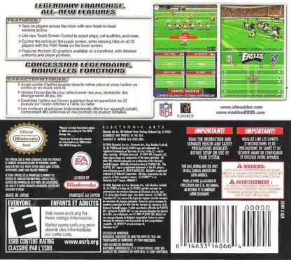 Madden NFL 2005 Nintendo DS DS video game featuring American football sports simulation gameplay NFL teams and players offensive play calling defensive strategies passing rushing touchdowns tackling interceptions special teams action season mode team management competitive football matches and classic Nintendo handheld sports gaming retro video game collection collectible gaming appeal back cover art