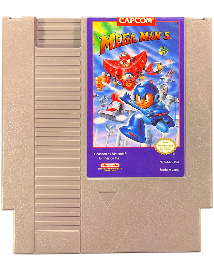 Mega Man 5 NES Nintendo Entertainment System action platformer side scrolling shooter run and gun robot masters boss battles Capcom classic retro 8 bit gaming cartridge video game title cartridge